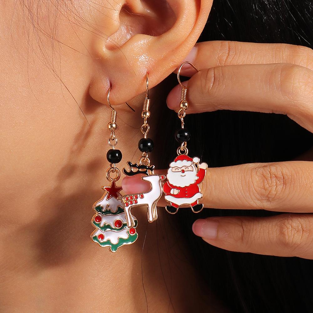 European-American Christmas Earrings Set: Santa, Tree & Reindeer Pendants