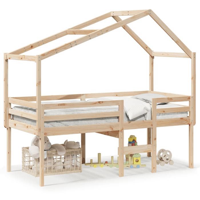 VidaXL Lit haut avec toit 90x200 cm bois de pin massif, lit, cadre de lit, lit mezzanine, meuble de chambre à coucher, 3282052
