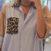 Lady Shirt Dress Leopard Print Patchwork Turn-down Collar Contrast Color Single-breasted Loose A-line with Chest Pockets Spring Fall Midi Dress