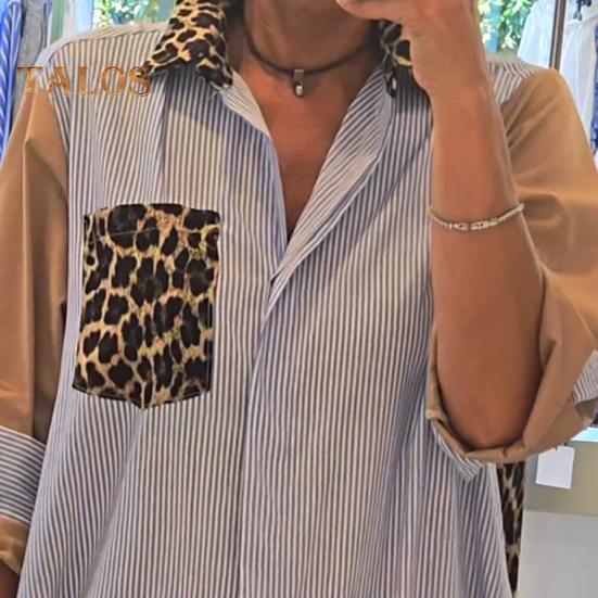 Lady Shirt Dress Leopard Print Patchwork Turn-down Collar Contrast Color Single-breasted Loose A-line with Chest Pockets Spring Fall Midi Dress