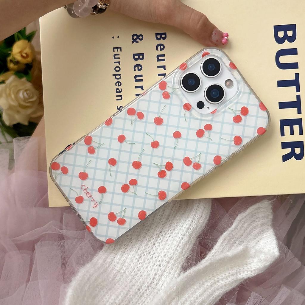 Niche style blue plaid cherry for Apple 16 mobile phone case iPhone17Pro max with chain 15/14