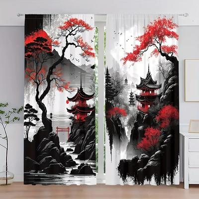 3D 2 Stück, Chinesische Berg-Tuschemalerei Druck Vorhang, Stangendurchzug-Aufhängung, Polyestermaterial für Wohnzimmer Schlafzimmer Küche Kostenlos Sh