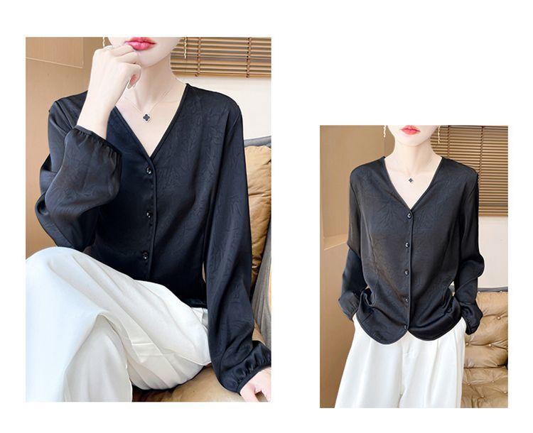 Women's Luxury Satin Blouse Long Sleeve Loose V-Neck Shirt Spring and Summer