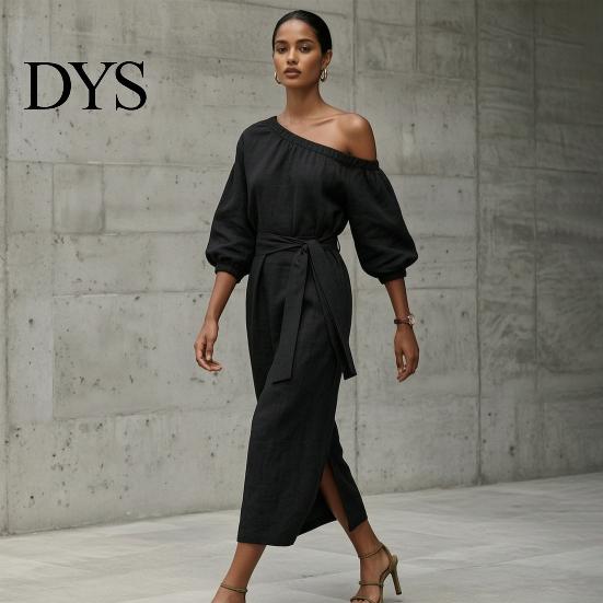 Daily Wear Dress Women One Shoulder Long Dress, Solid Color Tie Waist Side Split Everyday Dresses Casual Party Sleeve Maxi for Summer Office