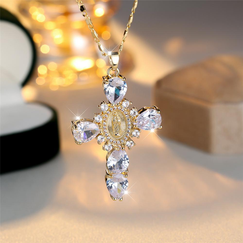 Damen Kristall Blau Schwarz Weiß Zirkon Stein Anhänger Halskette Vintage Großes Kreuz Goldfarbe Hochzeit Für Frauen