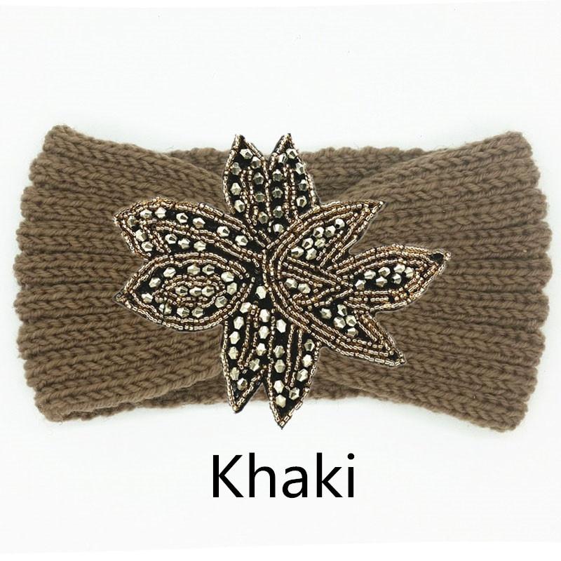 Crystal Beaded Flower Knit Headband For Women Winter Wool Ear Warmer Hairband Turban Headwrap Hair Accessories Bandeau