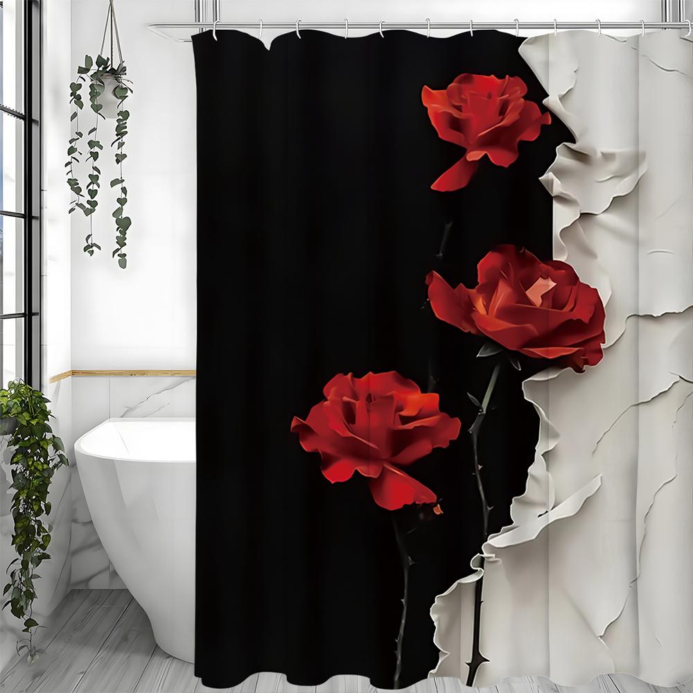 Red Rose Black and White Shower Curtain, Bathroom Decorative Shower Curtain, Waterproof Shower Curtain with Hooks