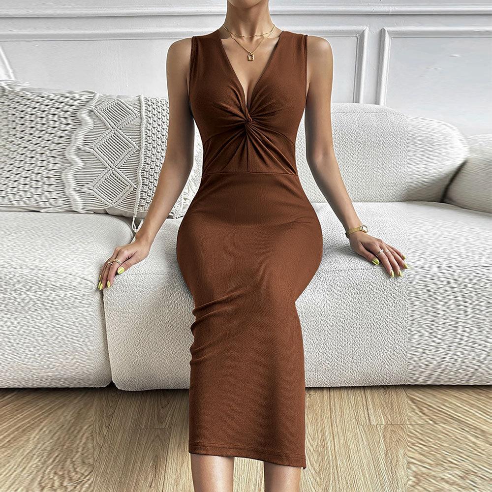 HNXC Robes décontractées pour femmes, mode été printemps, couleur unie, imprimé, sans manches, col en v, taille haute