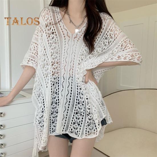 Cover Up Dress V-Neck Short Sleeve Hollow Out Breathable Loose Fit Summer Tops Beach Bikini Cover Up