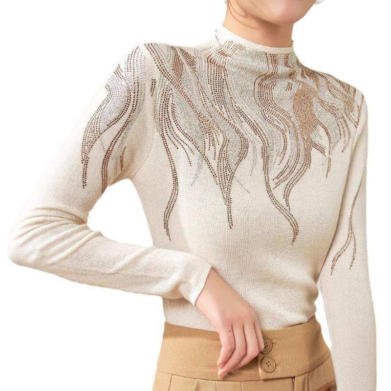 Design Sense Heavy Industry Diamond-encrusted Silk Sweater Autumn Semi-turtleneck Skinny Bottom Knitted Shirt Women's Top