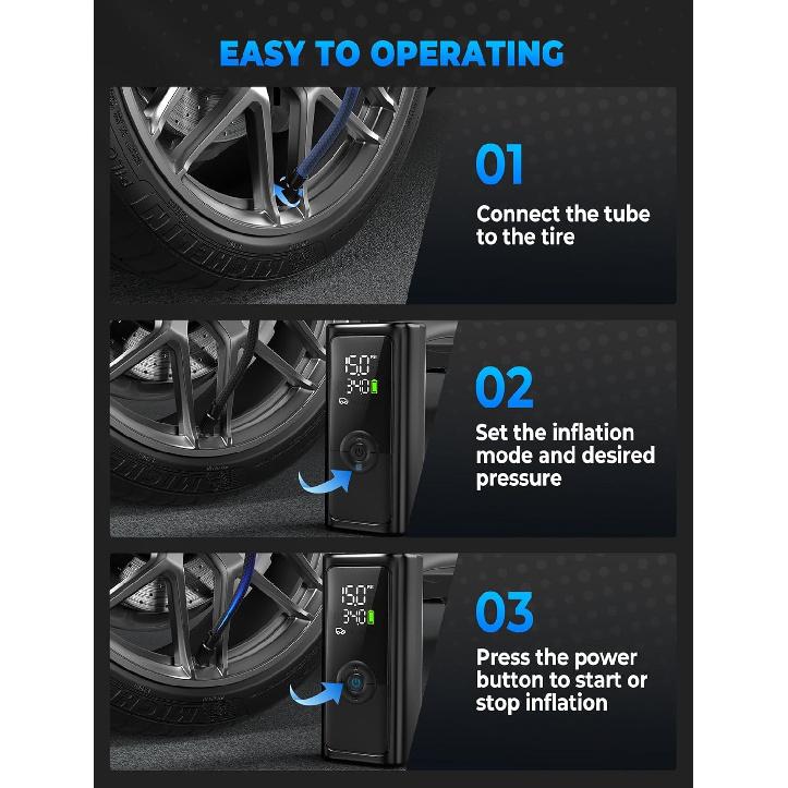 Tire Inflator Portable Air Compressor, 150PSI Cordless Tire Inflator, Auto-Off & LED Light, 10000MAh Battery Powered Bike Pump With Gauge For Car,