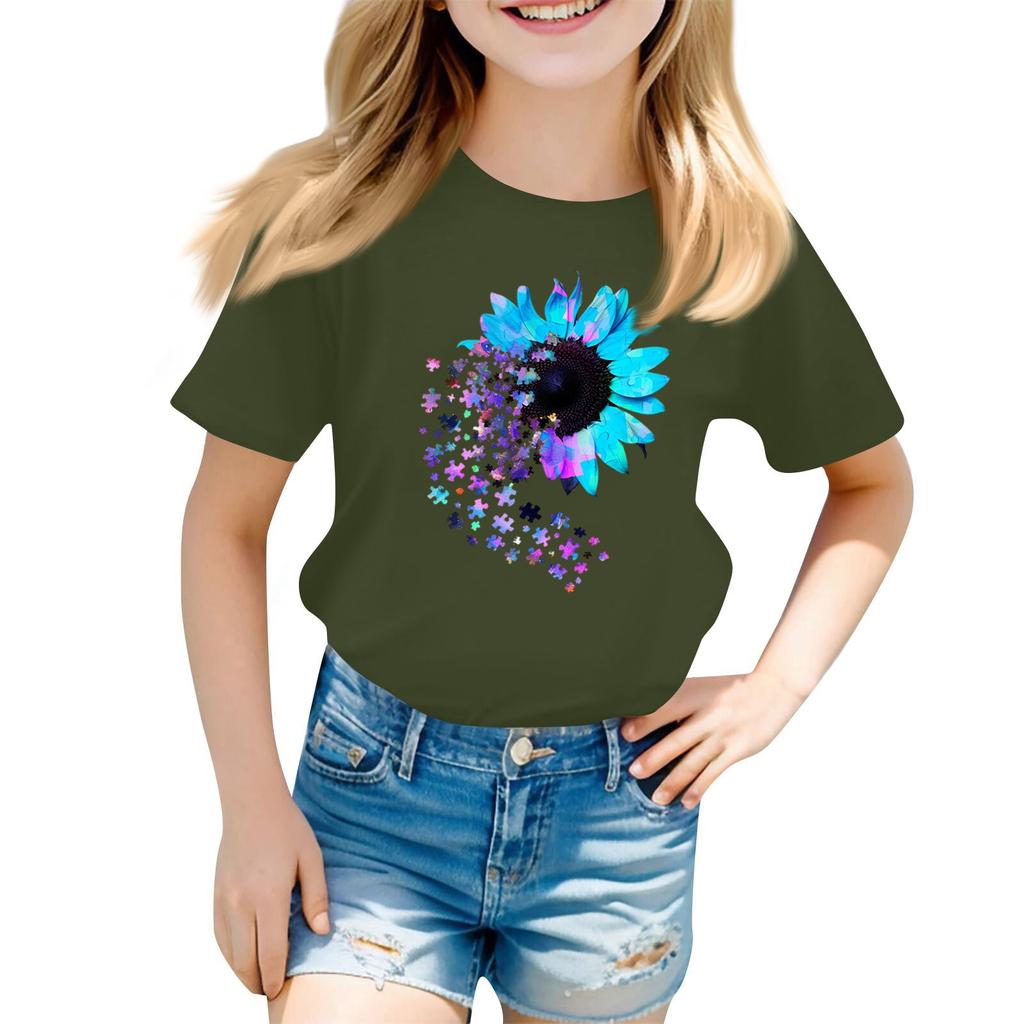 Children's Round Neck Casual Floral Small Print Short Sleeve T-shirt Top