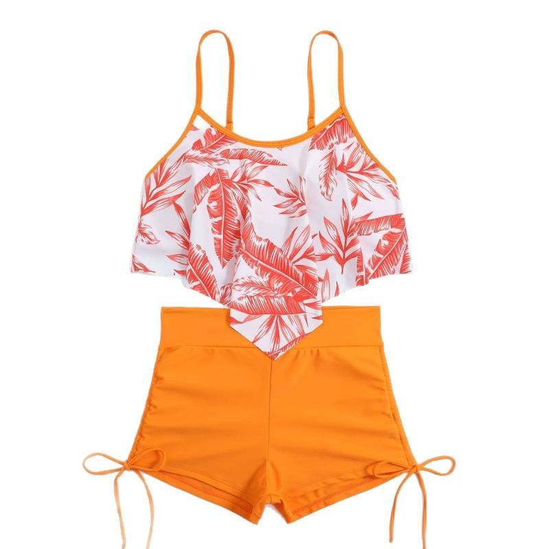 Women European Style Conservative High Waisted Printed Two Piece Quick Dry Swimsuit
