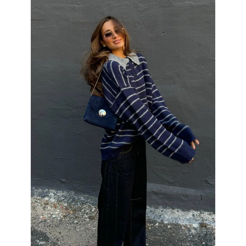 Retro Tone American Style Lazy Feeling Loose Contrast Color Stripe Pullover Versatile Sweater Preppy Knit Top