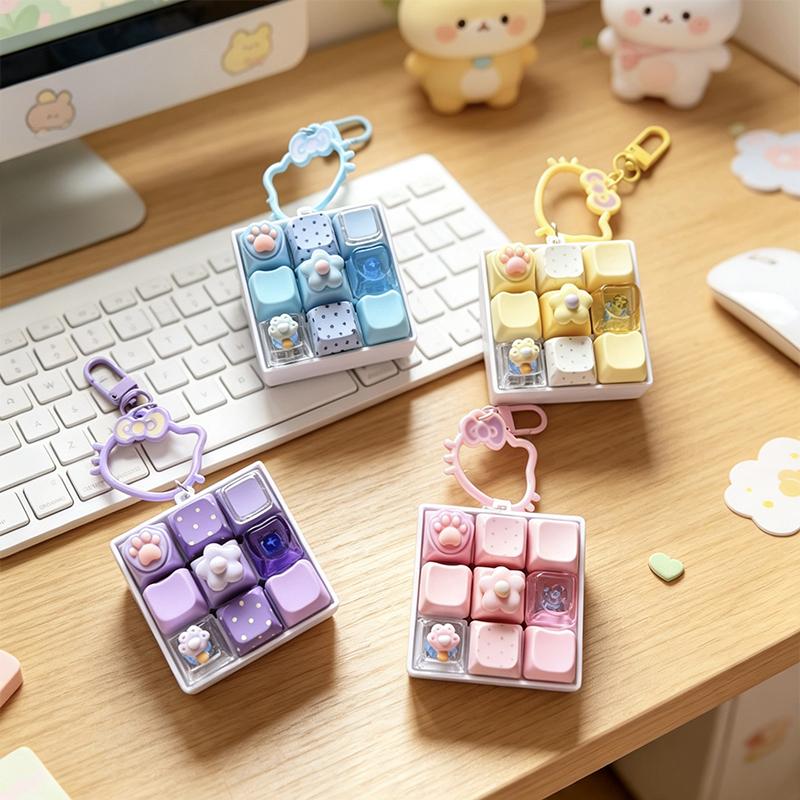 Cute Mechanical Keycap Fidget Toy 9 Keys Mini Keychain Portable Stress Relief Gift for Teens Boys Girls
