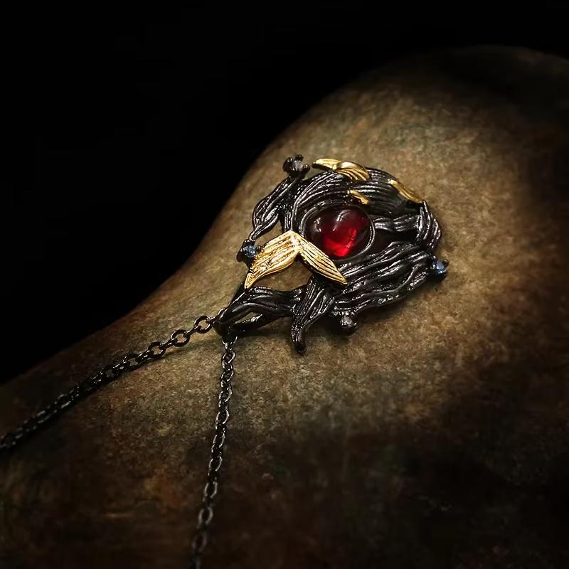 Unique Black Gold Red Zircon Female Pendant Sweater Chain-925 Silver-plated Jewelry