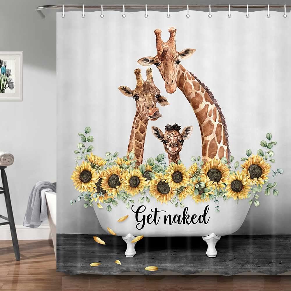 

Funny Giraffe Get Naked Shower Curtain, Cute Animal Sunflower Modern Decor, Artistic Waterproof Washable W60H190(CM)-1 Pcs
