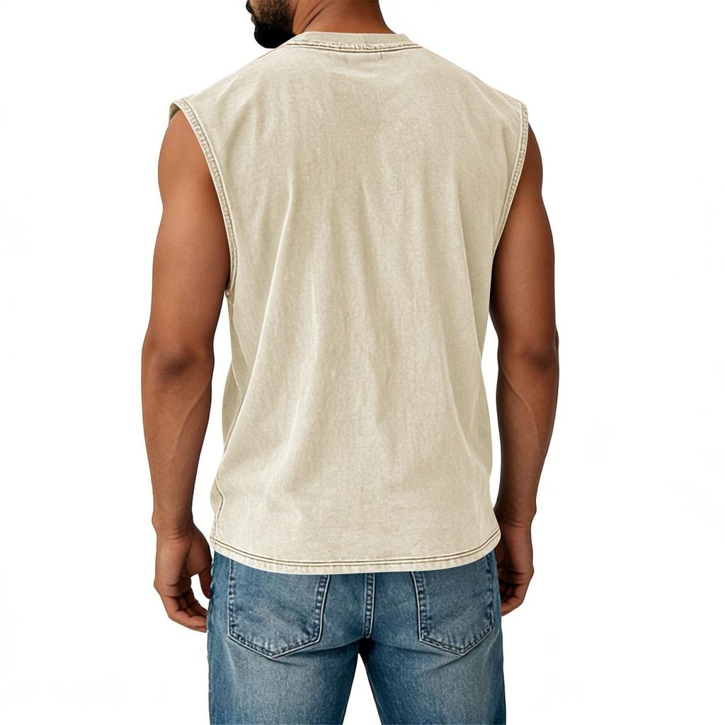 Camiseta sin mangas vintage para hombre con cuello redondo, corte relajado, aspecto retro casual desgastado, chaleco pullover cómodo