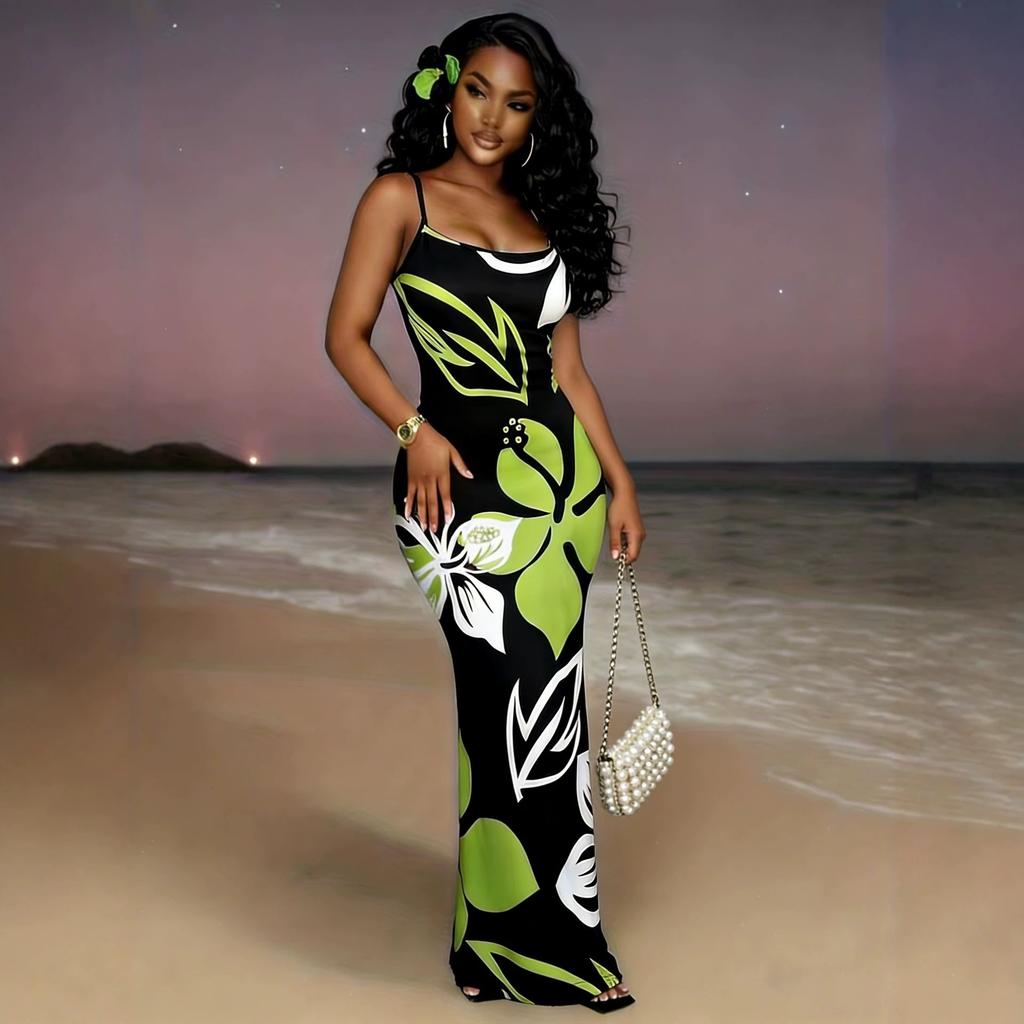 Summer European and American new printed, sexy slim-fitting hip-wrapped dress seaside vacation suspender dress