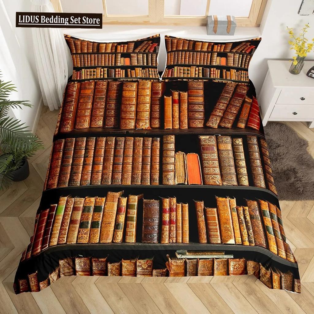 Regalo per Amanti dei Libri Set Copripiumino Matrimoniale, Set Biancheria da Letto per Lettori e Amanti della Letteratura, Copripiumino Vintage con Libreria