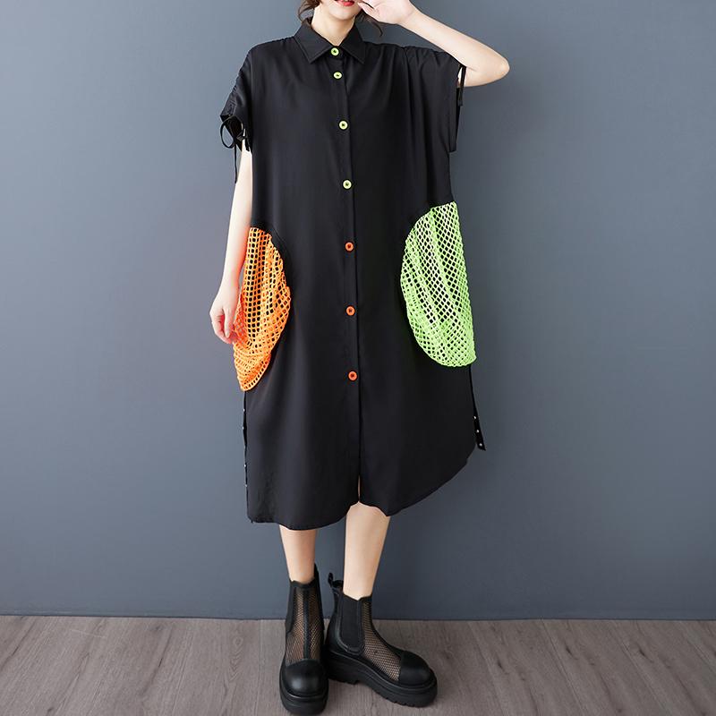 

DIMANAF 2025 Summer Plus Size Vintage Dress Women Casual Buttons Shirt Dress Loose Basic Mesh Spliced Dress One Size чёрный
