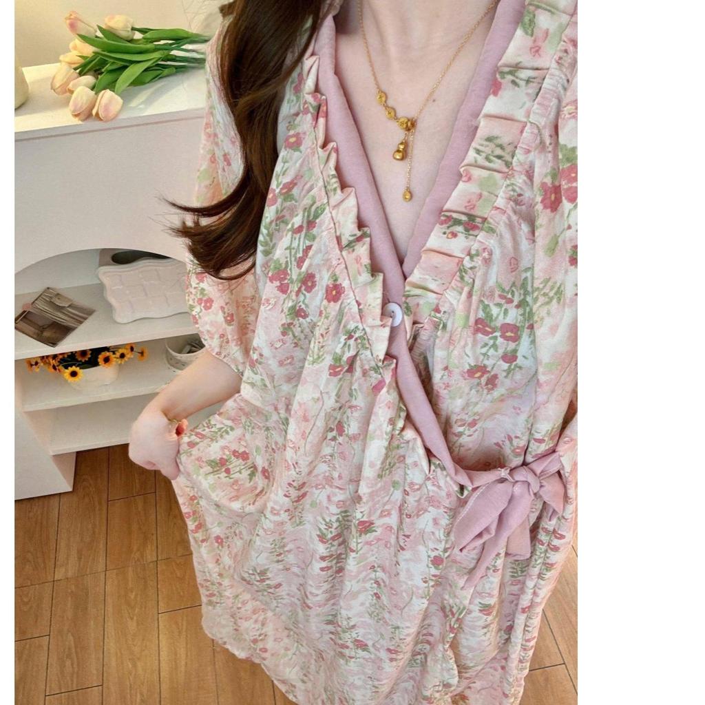 Elegant Monet Garden Short-Sleeve Women's Robe - Long Nightgown, Pajamas, Bathrobe, Loungewear, Cloud Cotton Round Neck