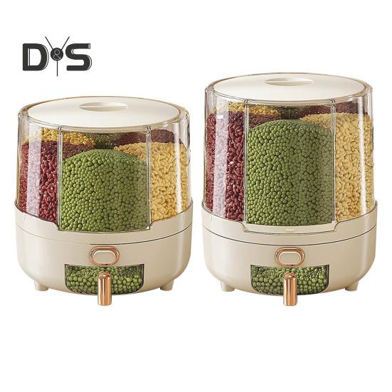 Distribuidor de cereais giratório de 360 graus, recipiente de arroz com tampa, grande capacidade, vários compartimentos, organizador de armazenamento de grãos
