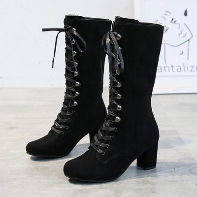 Autumn and Winter Tall Knight Boots Fashion Suede Lace-up Round Head Thick Heel Wish High Heel Martin Boots Women