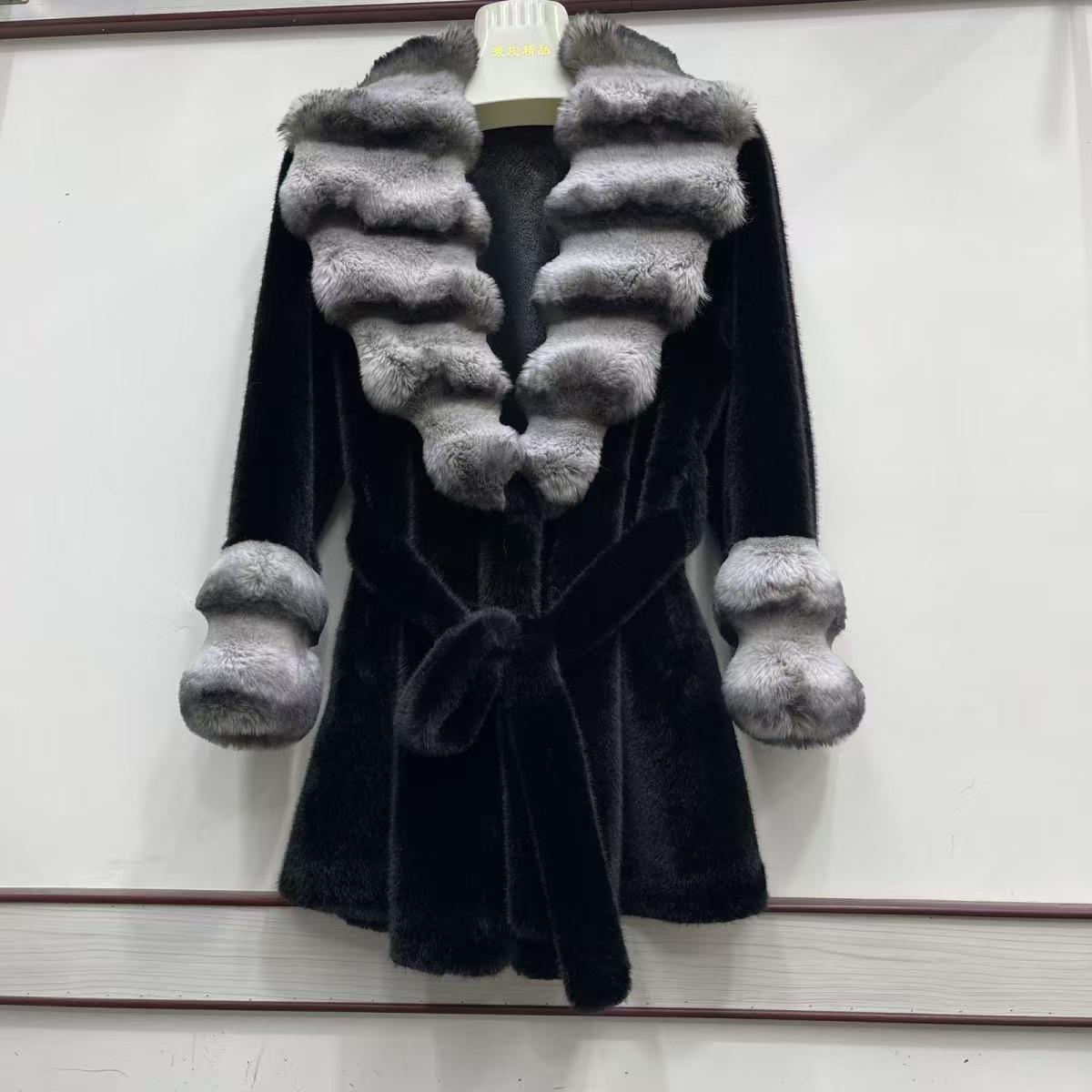 

2025 Новое зимнее пальто средней длины с лацканами из норки, длинное пальто One size fits all чёрный