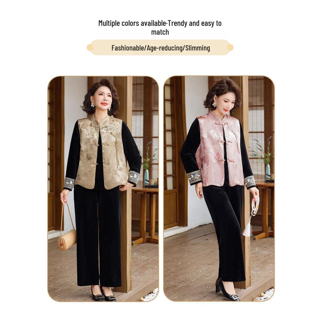 Elegant Mother's Set: Chinese-Style Spring Vest Jacket & Velvet Shirt for Middle-Aged Women