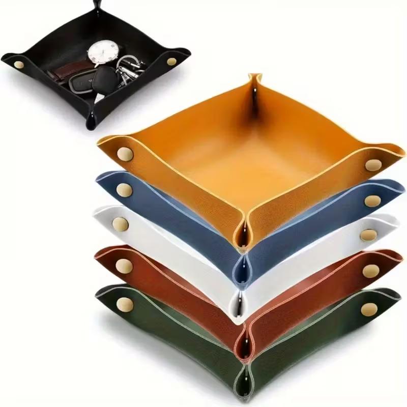 1PC 20x20cm Key Leather Valet Tray Nightstand Jewelry Holder Box for Men Desktop Sundries Box for Dice Phone Sunglasses Catch Al
