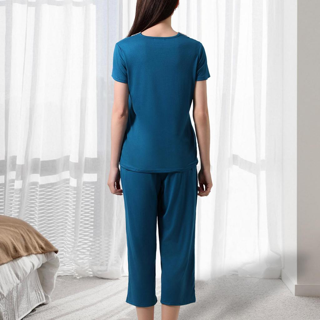 Women's Fashionable V-neck Casual Short-sleeved Loungewear Lace Pajamas Loose, Comfortable, Breathable Plus Size Color Top
