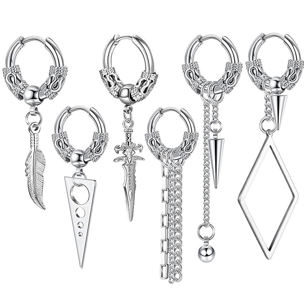 Stainless Steel Huggie Hoop Dangle Earrings Punk Hip Hop Vintage Feather Cross Spike Sword Triangle Drop Earrings for Men Wome