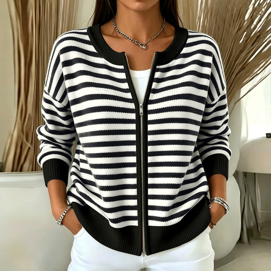 Women's Casual Striped Knit Zip-Up Cardigan