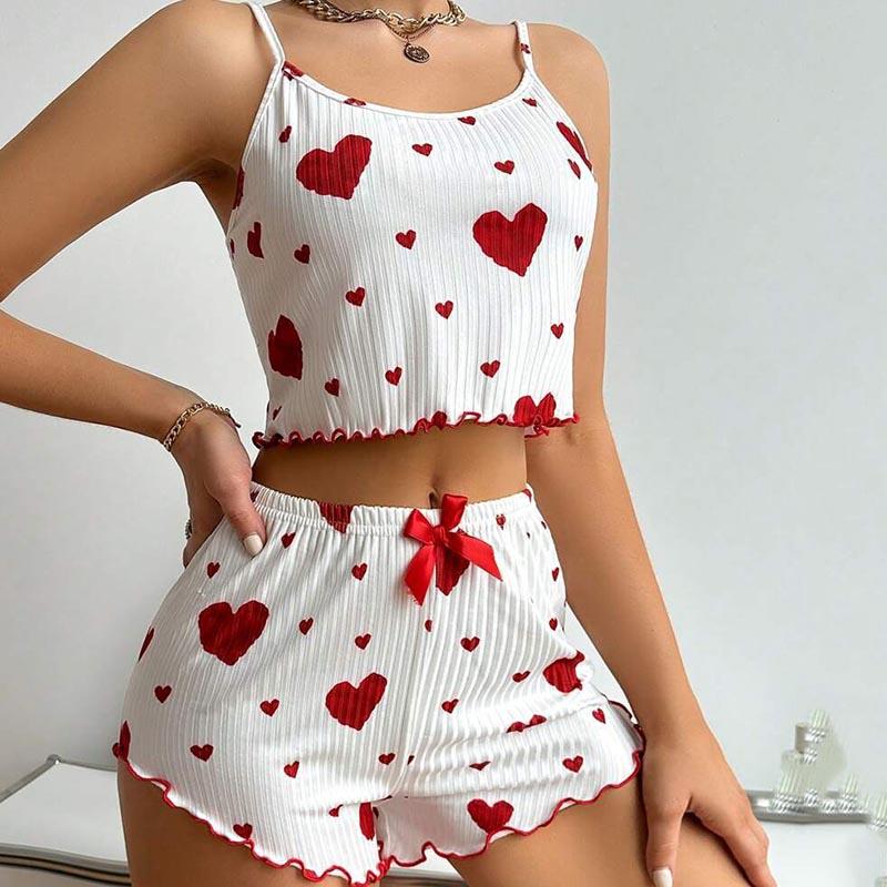 

Женский короткий пижамный комплект, одежда для сна, 2 шт., короткие майки и шорты, размер SML, белый, вентилируемый, мягкий, повседневный, с принтом «любовь» XS