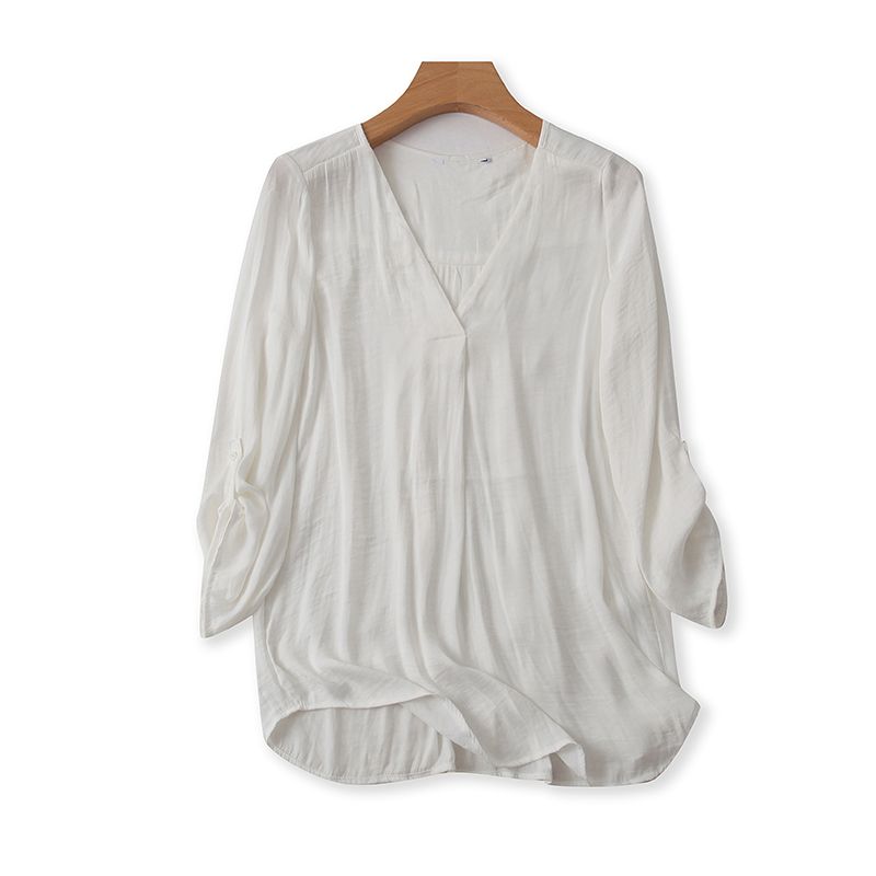 

E23 Women s Summer V-neck 3/4 Sleeves Loose Chiffon Shirt White M