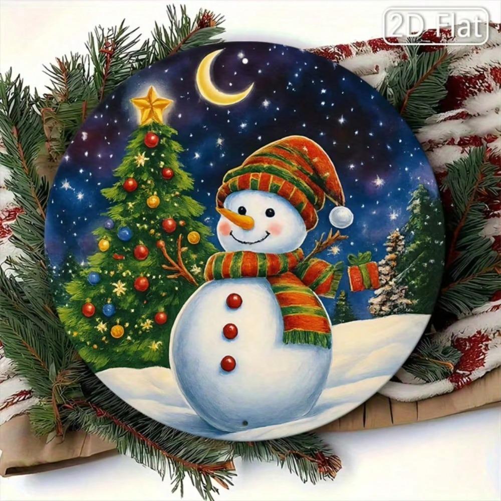 Snowman Tree Round Metal Wall Art Aluminum Sign Christmas Modern Home Decor