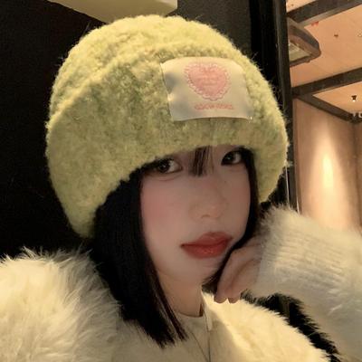 Japanese Love Patch Knitted Woolen Hat for Women In Autumn and Winter  All Match Warm Baotou Hat Big Head Circumference, Face-showing Small Hat