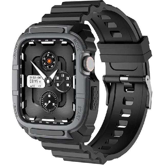 Loxoto Compatible for Apple Watch Strap 44mm 42mm with Bumper Case, Rugged Protective Drop Shock Resistant Case with TPU Band Strap Fit for iWatch Black-44mm/45mm