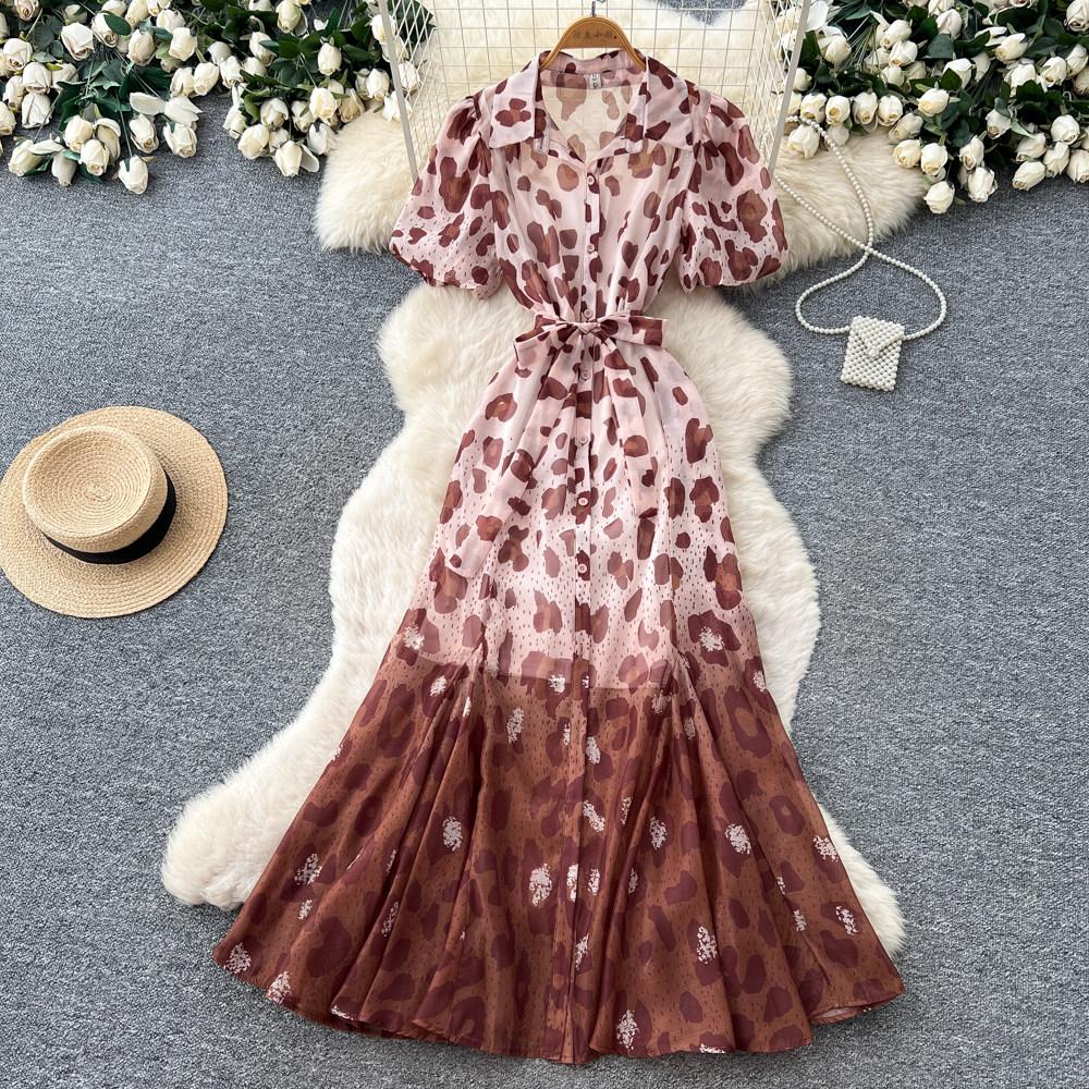 Robe Mi-Longue Imprimé Léopard Style Designer pour Femme Décontractée Coupe Ample avec Manches Bouffantes Liens à Nouer Robe Longue en Mousseline