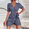 Women's Spring Summer Sexy V-Neck Floral Lace-Up Dress Casual Short Skirt