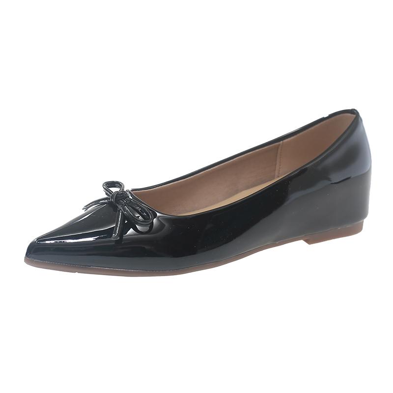 

French Patent Leather Pointed Toe Inside Heightened Single Shoes Women s New Spring Shallow Bow Leather Shoes 35 чёрный