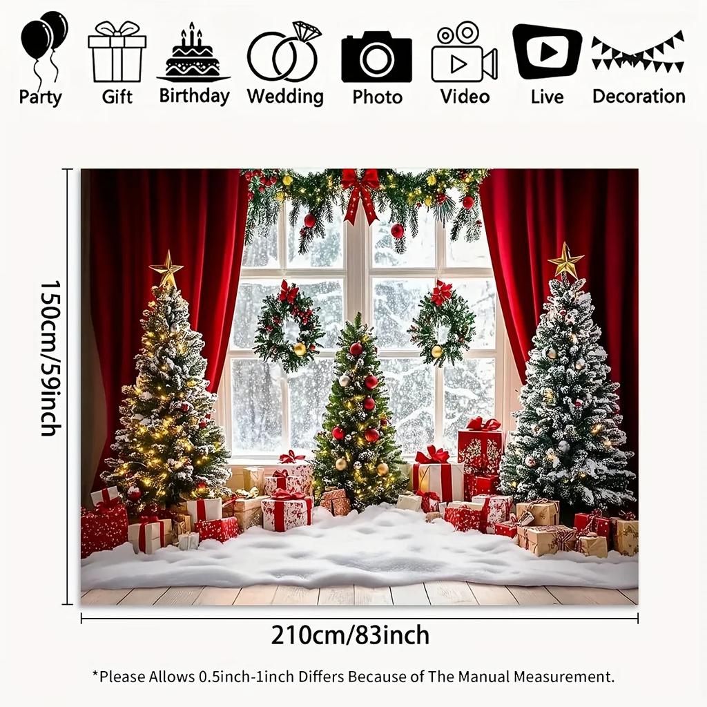 1-piece 2D flat photography background polyester banner, Christmas window snow scene, suitable for festival decoration