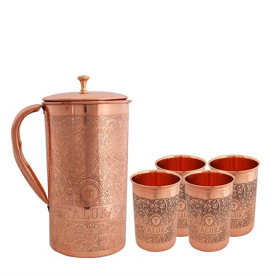 Copper Embosse Stylish Hammer Water Jug Pitcher 1500 Ml with Copper 4 Water Glass