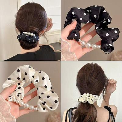2025 New Style Women's Polka Dot Satin Pearl Hair Tie Bun Head Ring