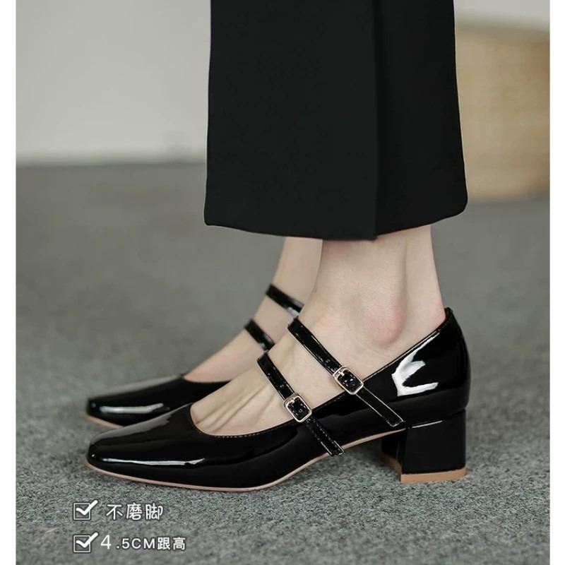 Damen Pumps Frühling Herbst Doppelschnalle Mary Jane Schuhe für Damen Lackleder Quadratischer Kopf Quadratischer Absatz Einfarbig Damenschuhe