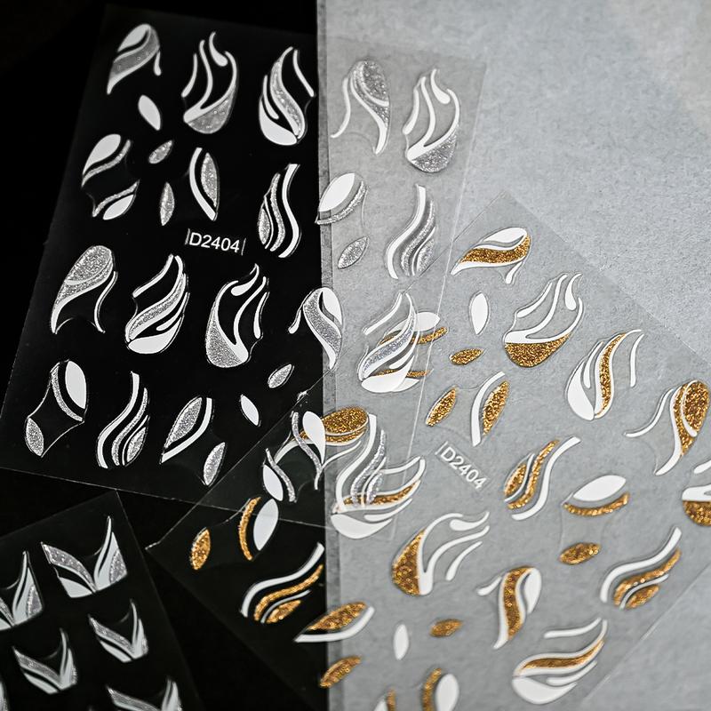 1pcs Gold Glitter French Design Nail Stickers White Silver Curve Lines Stripe Wave Nail Decals Slider Reflective Manicure Wraps
