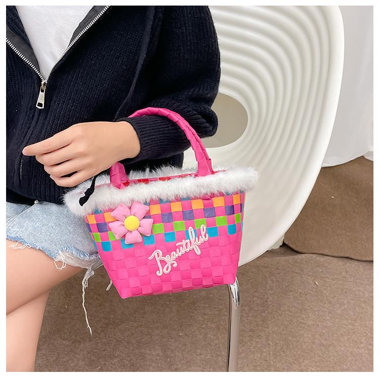 Stylish Children's Woven Handbag Colorful Crochet Tote Bag For Girls With Floral Design