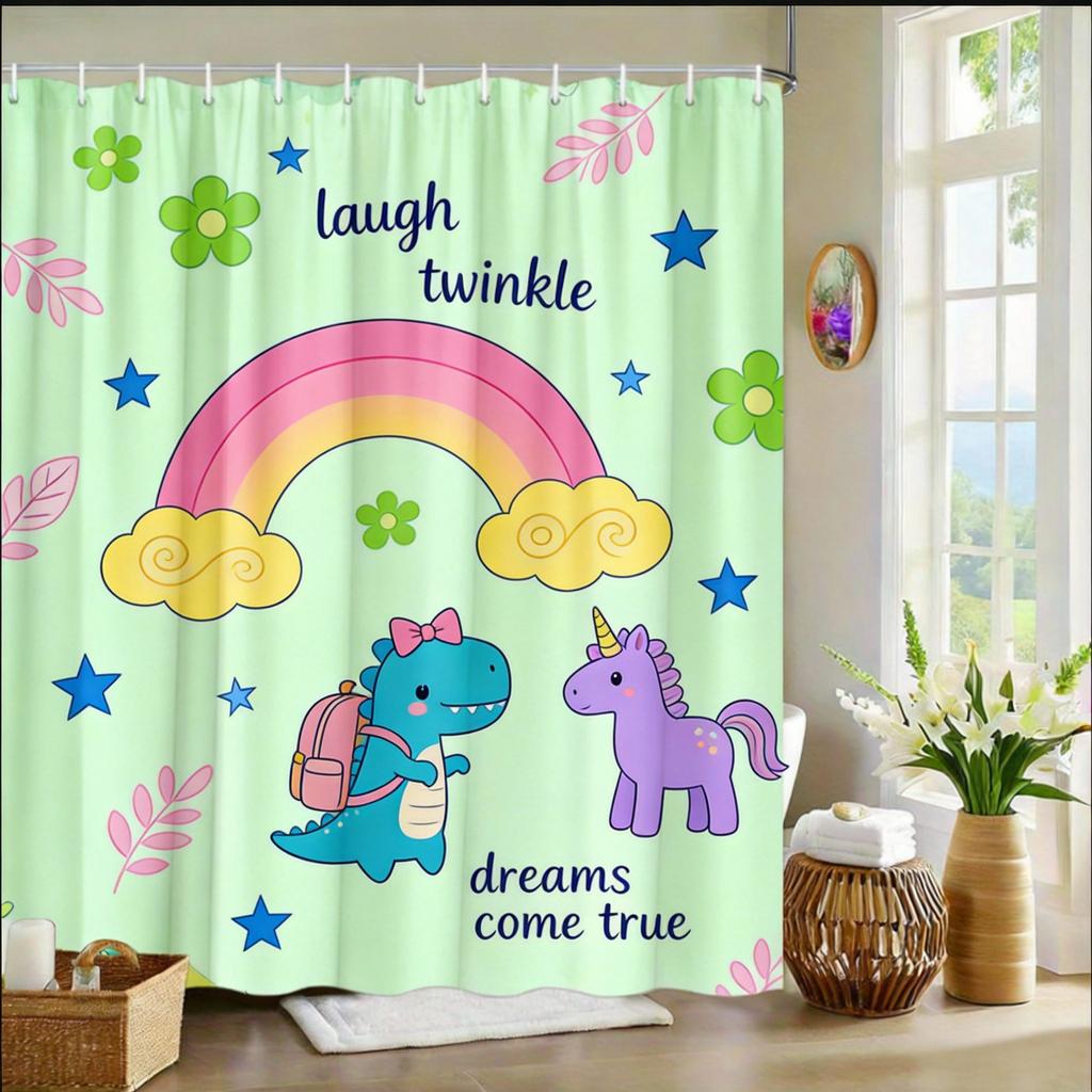 Kids Fantasy Shower Curtain 1pc Dinosaur, Unicorn & Rainbow Pattern, Playful Bath Curtain for Children's Room and Nursery Decor