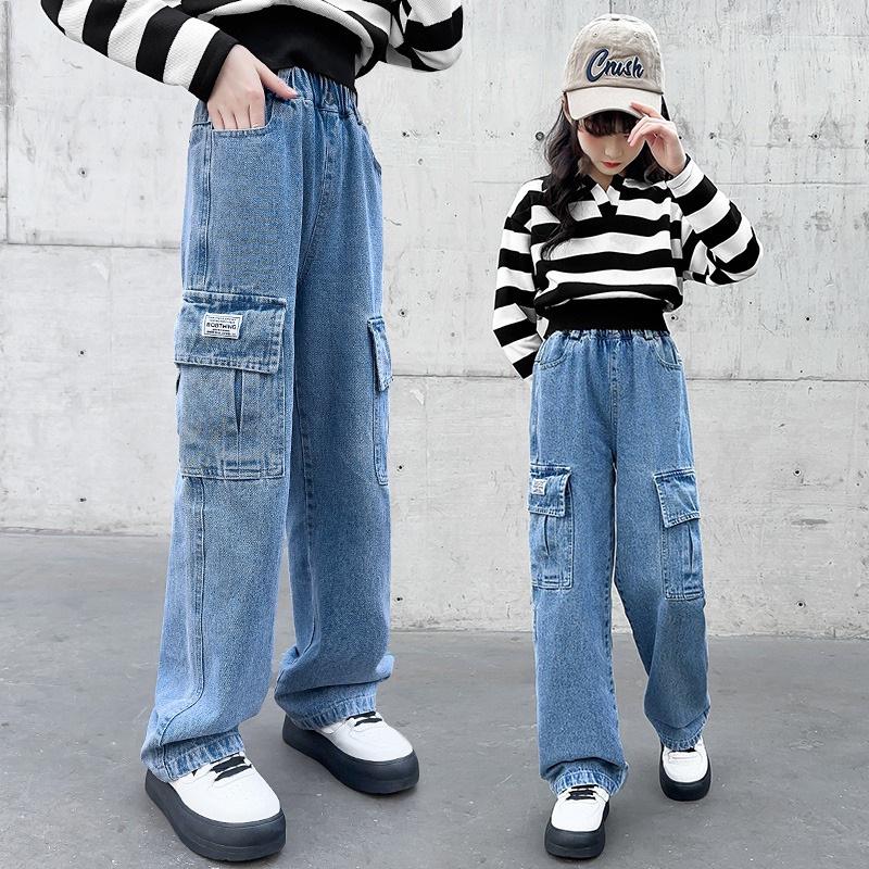 Bestickte Wide-Leg Jeans für Mädchen für Frühling & Herbst - Gerader & Lockerer Schnitt für Kleine & Ältere Mädchen